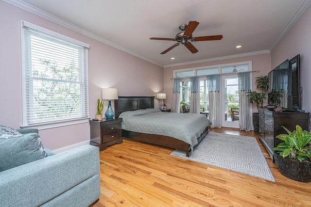 bedroom featuring crown molding, access to exterior, ceiling fan, and light hardwood / wood-style flooring