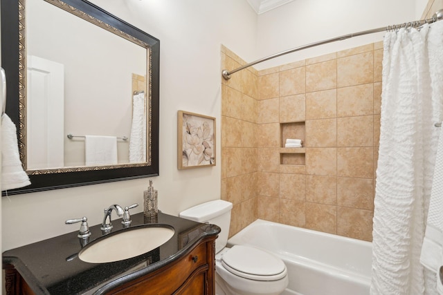 full bathroom with ornamental molding, vanity, shower / bath combination with curtain, and toilet