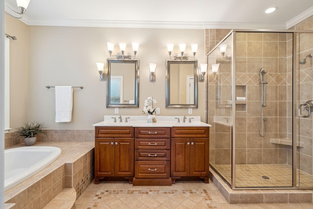 bathroom featuring tile patterned flooring, vanity, separate shower and tub, and ornamental molding