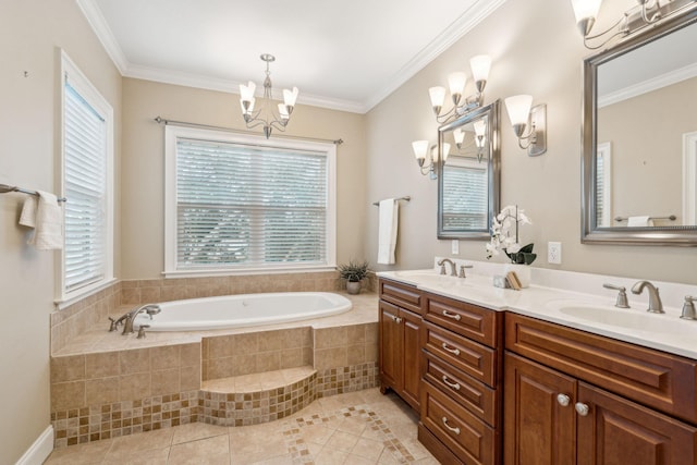 bathroom with tile patterned flooring, ornamental molding, an inviting chandelier, tiled tub, and vanity