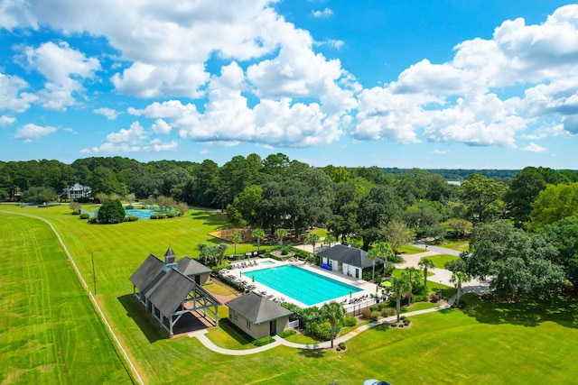 view of pool featuring a lawn