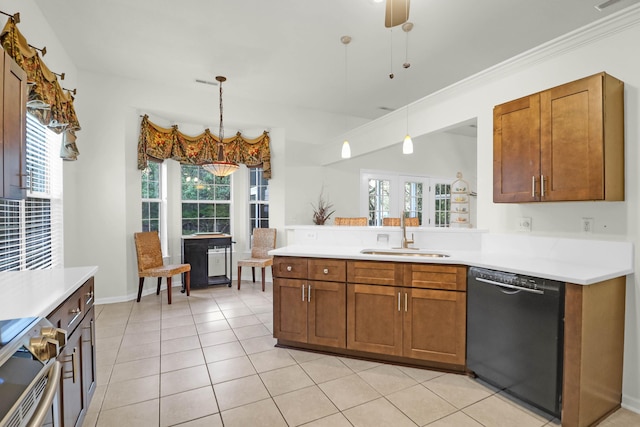 kitchen featuring light countertops, black dishwasher, brown cabinetry, electric range, and a sink