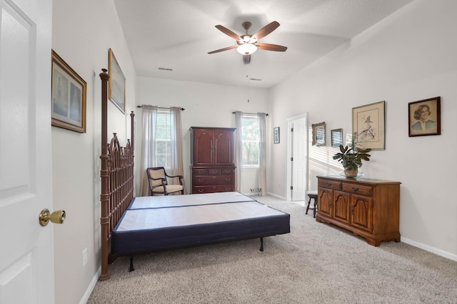 bedroom featuring visible vents, ceiling fan, baseboards, and carpet