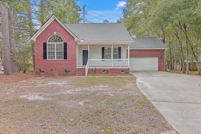 ranch-style house featuring an attached garage, covered porch, driveway, roof with shingles, and a chimney