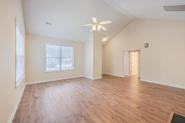 unfurnished living room with ceiling fan, light wood-type flooring, visible vents, and baseboards