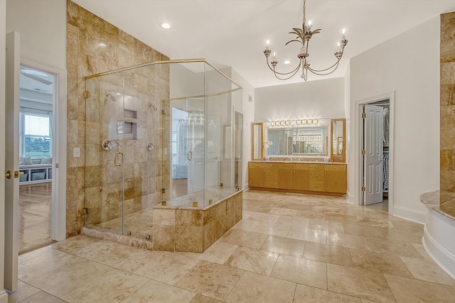 5084 Timber Race Crse, Hollywood, SC 29449 - bathroom with vanity, a shower stall, a bath, and a chandelier