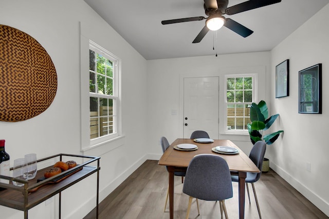 dining room featuring hardwood / wood-style floors and ceiling fan