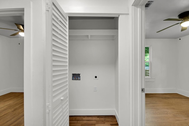 laundry room with electric dryer hookup, wood-type flooring, and washer hookup