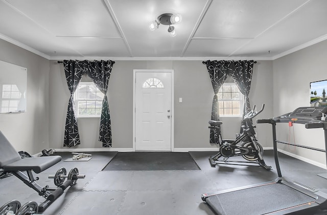 workout area with plenty of natural light, baseboards, and ornamental molding