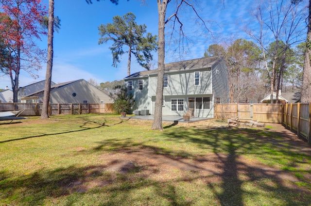 back of house with central air condition unit, a lawn, a fenced backyard, and a sunroom