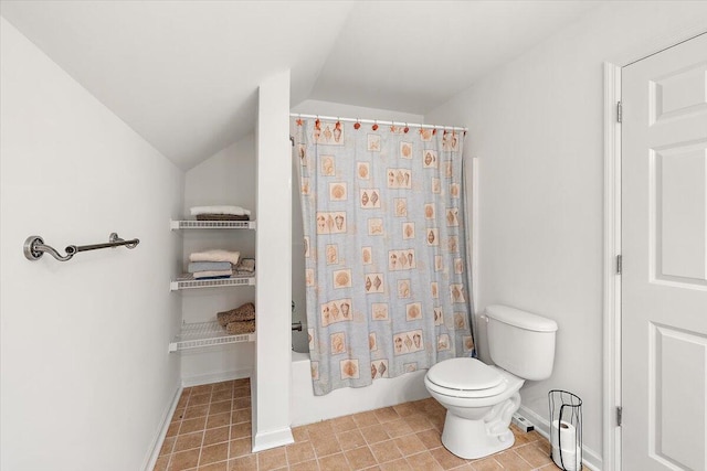 bathroom with tile patterned flooring, shower / bath combo, vaulted ceiling, and toilet