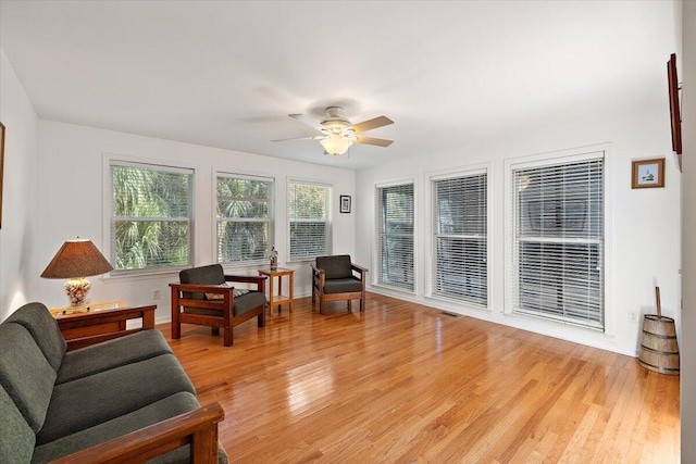 interior space featuring light hardwood / wood-style flooring and ceiling fan