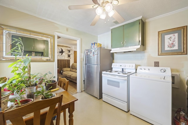 2703 Phyllis St, North Charleston, SC 29405 - kitchen with washer / clothes dryer, white range with electric cooktop, green cabinetry, under cabinet range hood, and ornamental molding
