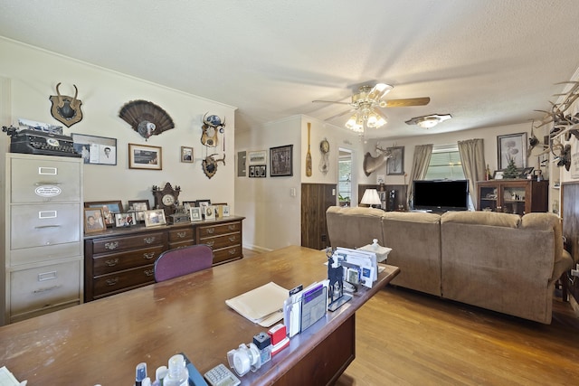 2703 Phyllis St, North Charleston, SC 29405 - living area featuring a ceiling fan, light wood-type flooring, a textured ceiling, and a desk