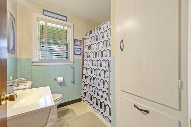 2703 Phyllis St, North Charleston, SC 29405 - full bathroom with toilet, tile walls, curtained shower, tile patterned flooring, and crown molding