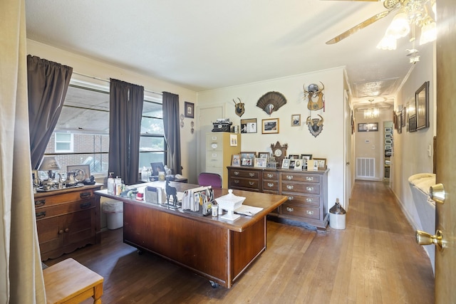 2703 Phyllis St, North Charleston, SC 29405 - office area featuring attic access, wood finished floors, ceiling fan, ornamental molding, and baseboards