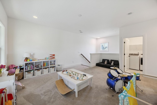 game room with independent washer and dryer, carpet, and recessed lighting
