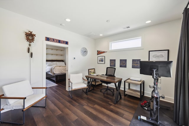 office with dark wood-style floors, recessed lighting, and baseboards