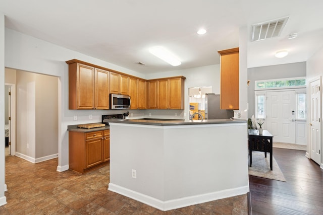 kitchen featuring kitchen peninsula, appliances with stainless steel finishes, dark hardwood / wood-style floors, and sink