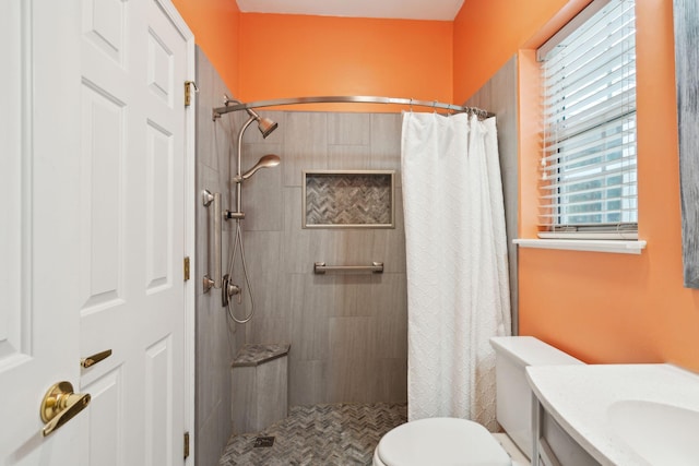 bathroom featuring vanity, toilet, and a shower with curtain