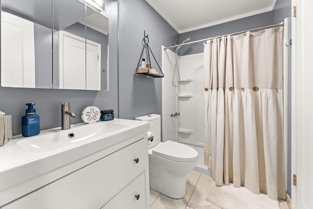 bathroom featuring vanity, a shower stall, and toilet