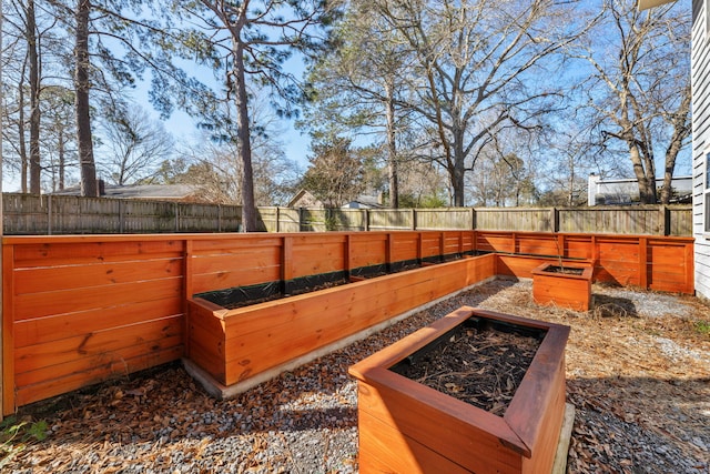 view of yard featuring a fenced backyard and a garden