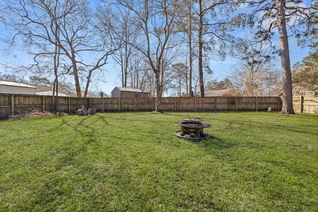 view of yard with an outdoor fire pit and a fenced backyard