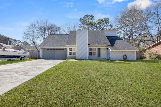 view of front of house featuring a front yard, fence, a shingled roof, concrete driveway, and a garage