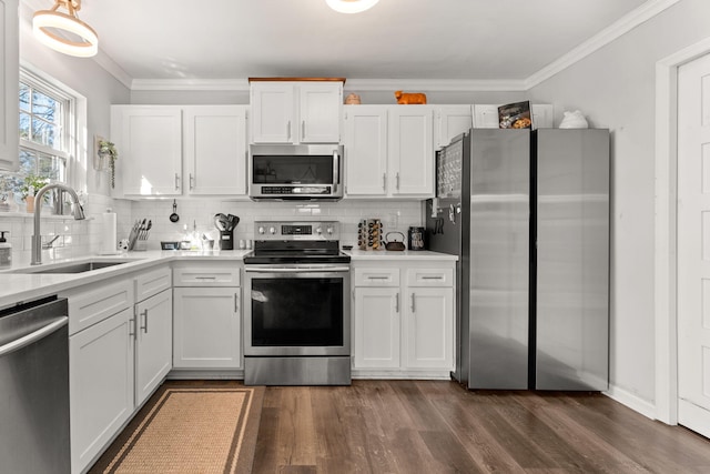 kitchen with a sink, stainless steel appliances, crown molding, and light countertops