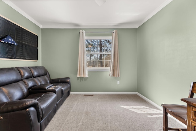 living room with crown molding, carpet, baseboards, and visible vents