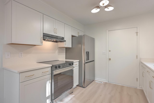 kitchen featuring decorative backsplash, light hardwood / wood-style flooring, white cabinets, and appliances with stainless steel finishes