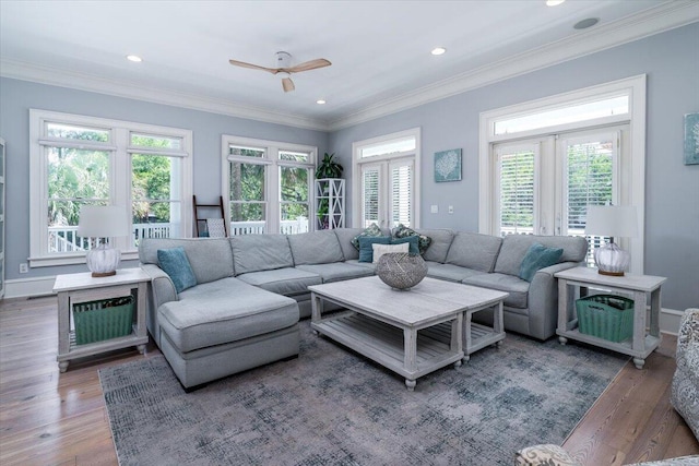 764 Post Oak Dr, Mount Pleasant, SC 29464 - living room featuring ceiling fan, wood finished floors, recessed lighting, crown molding, and baseboards