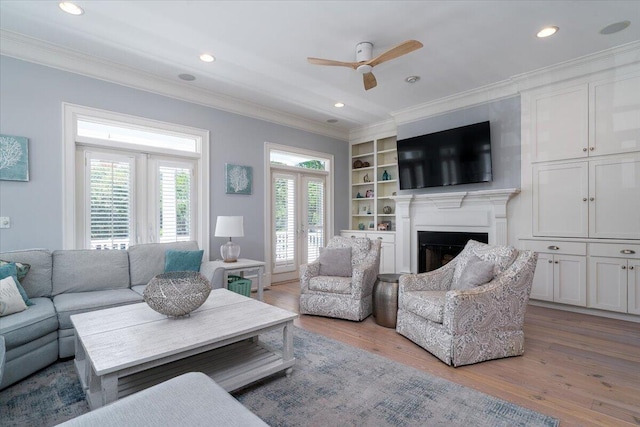 764 Post Oak Dr, Mount Pleasant, SC 29464 - living area with ornamental molding, ceiling fan, wood finished floors, a fireplace, and recessed lighting
