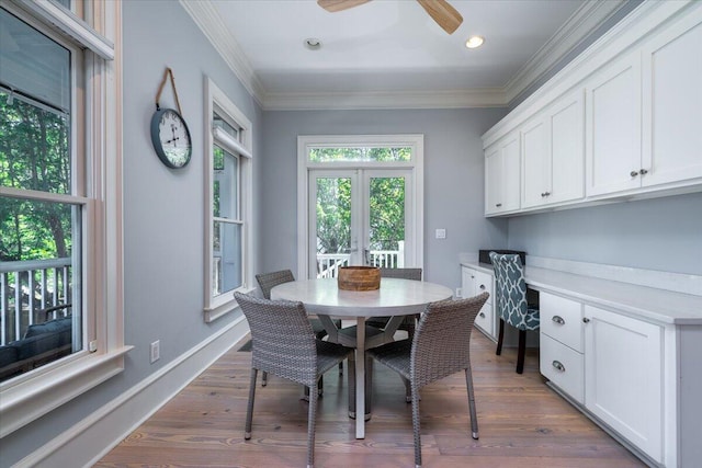 764 Post Oak Dr, Mount Pleasant, SC 29464 - dining room with dark wood-style floors, ornamental molding, ceiling fan, recessed lighting, and baseboards