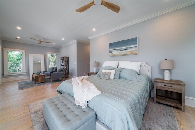764 Post Oak Dr, Mount Pleasant, SC 29464 - bedroom with wood finished floors, recessed lighting, baseboards, crown molding, and a ceiling fan