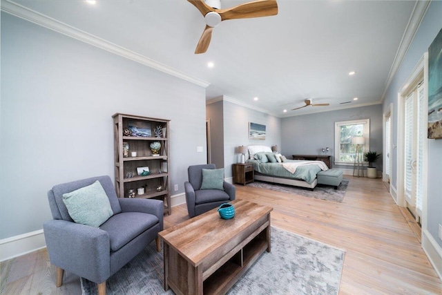 764 Post Oak Dr, Mount Pleasant, SC 29464 - bedroom with recessed lighting, ornamental molding, light wood-style floors, baseboards, and ceiling fan