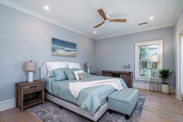 764 Post Oak Dr, Mount Pleasant, SC 29464 - bedroom with wood finished floors, baseboards, recessed lighting, ornamental molding, and ceiling fan
