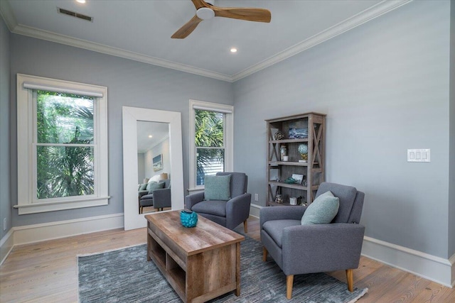 764 Post Oak Dr, Mount Pleasant, SC 29464 - sitting room with wood finished floors, a ceiling fan, ornamental molding, and baseboards