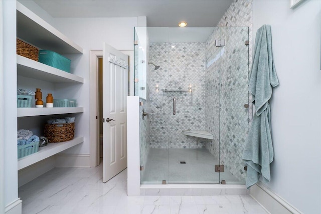 764 Post Oak Dr, Mount Pleasant, SC 29464 - bathroom with marble finish flooring, a stall shower, recessed lighting, and baseboards
