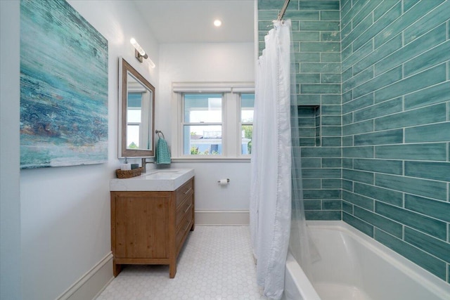 764 Post Oak Dr, Mount Pleasant, SC 29464 - full bathroom featuring vanity, shower / bath combo, baseboards, and recessed lighting