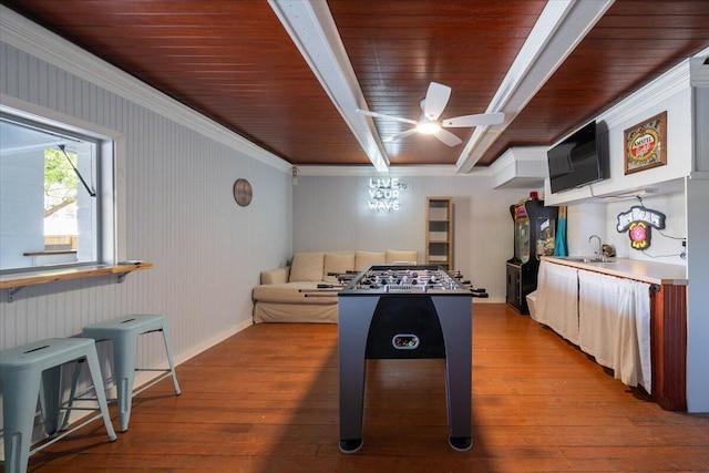 764 Post Oak Dr, Mount Pleasant, SC 29464 - game room featuring a ceiling fan, light wood-style flooring, wooden ceiling with exposed beams, baseboards, and bar with sink