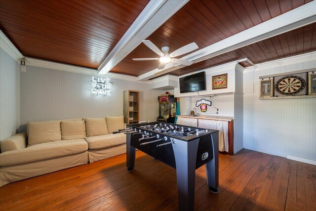 764 Post Oak Dr, Mount Pleasant, SC 29464 - playroom featuring dark wood-style flooring, a ceiling fan, wooden walls, and wooden ceiling with exposed beams