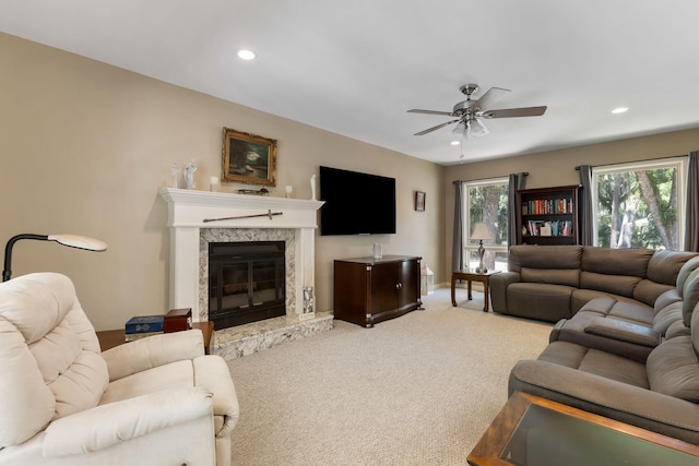 2653 Seabrook Island Rd, Seabrook Island, SC 29455 - carpeted living area featuring ceiling fan, recessed lighting, and a premium fireplace