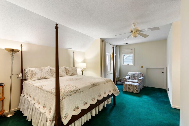 2653 Seabrook Island Rd, Seabrook Island, SC 29455 - bedroom featuring carpet flooring, a textured ceiling, a ceiling fan, baseboards, and lofted ceiling