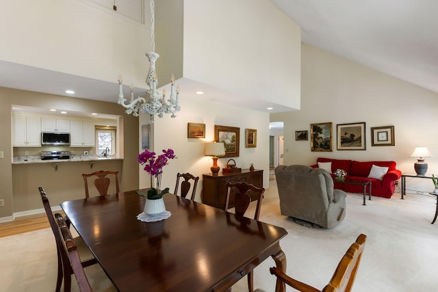 2653 Seabrook Island Rd, Seabrook Island, SC 29455 - dining room with high vaulted ceiling, recessed lighting, and light colored carpet
