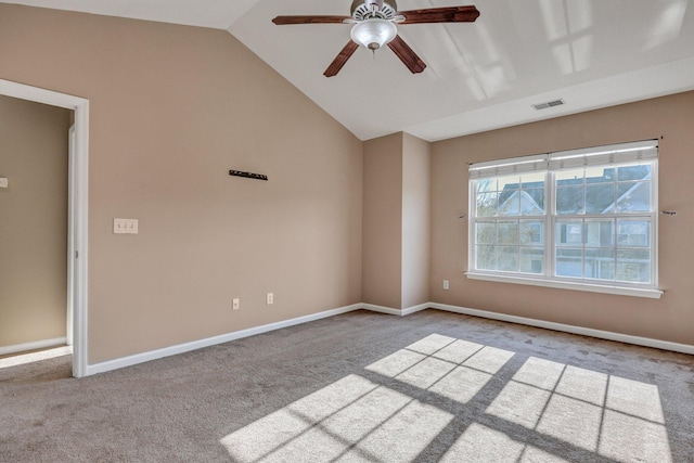 unfurnished room with ceiling fan, carpet flooring, visible vents, baseboards, and vaulted ceiling