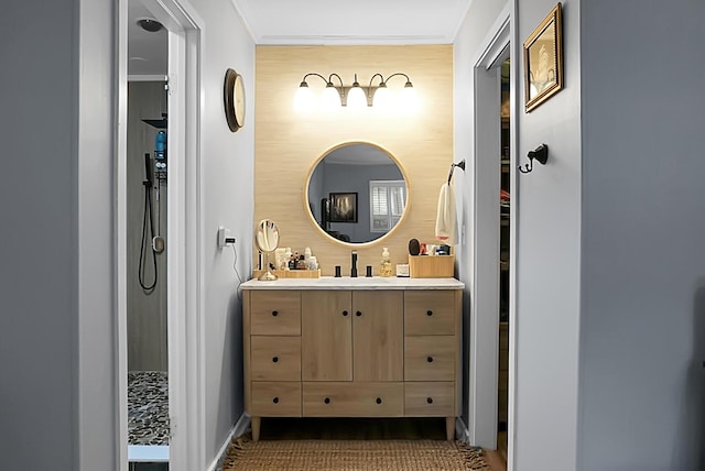 7886 Racquet Rd, North Charleston, SC 29418 - full bathroom featuring vanity, a shower, ornamental molding, and baseboards