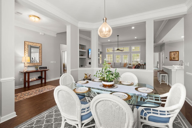 2772 Latrobe Ct, Mount Pleasant, SC 29466 - dining area featuring ornamental molding, ceiling fan, wood finished floors, baseboards, and recessed lighting