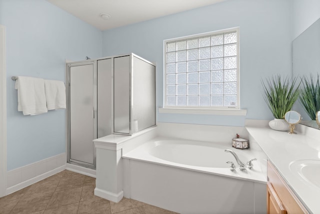 2772 Latrobe Ct, Mount Pleasant, SC 29466 - bathroom featuring a bath, a shower stall, tile patterned floors, vanity, and baseboards