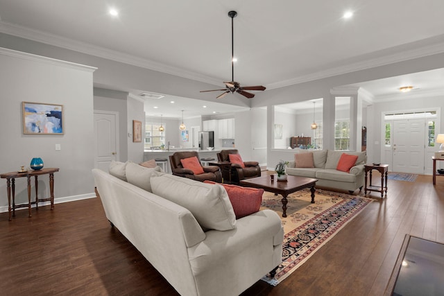 2772 Latrobe Ct, Mount Pleasant, SC 29466 - living room with dark wood-style flooring, ceiling fan, healthy amount of natural light, baseboards, and ornamental molding